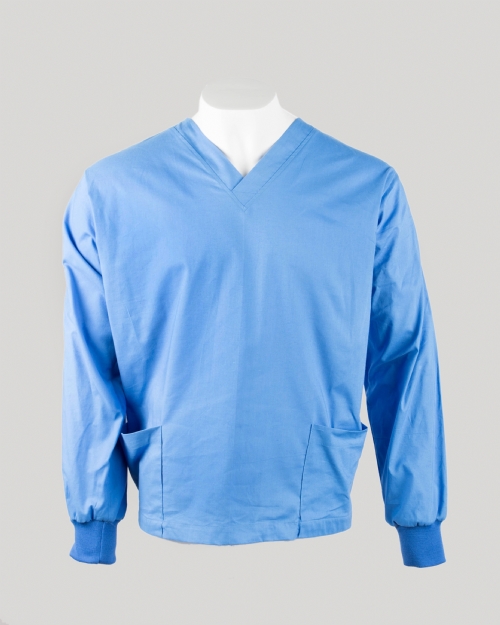 Hospital Blue Long Sleeve Scrub Top Elastic Cuff 100% Cotton
