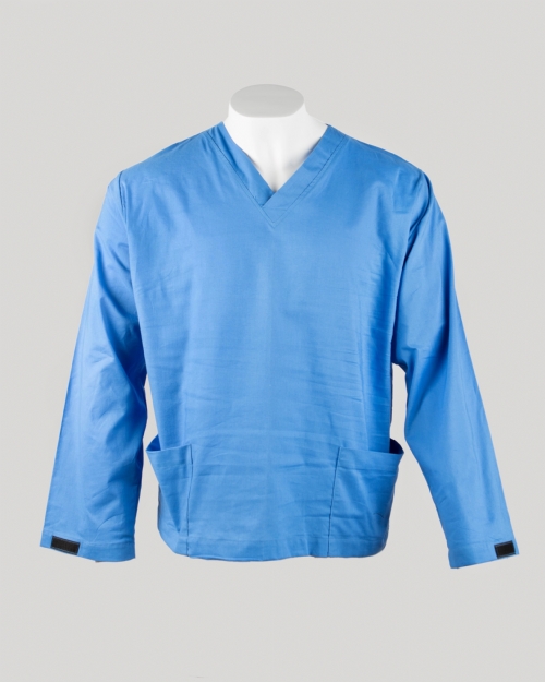 Hospital Blue Long Sleeve Scrub Top Velcro Cuff 100% Cotton