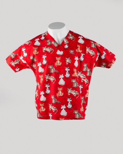 Red Cats Short Sleeve Scrub Top 100% Cotton