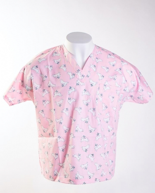 Pink Jumping Rabbits Short Sleeve Scrub Top 100% Cotton