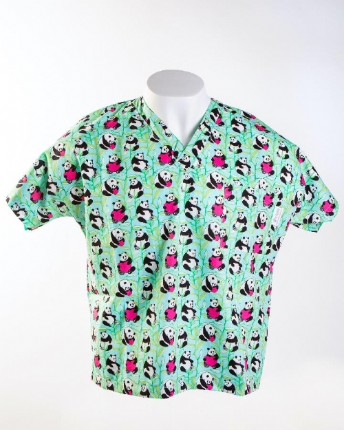 Loved Up Panda Green Short Sleeve Scrub Top 100% Cotton