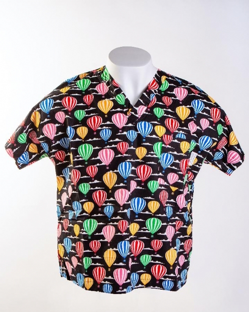 Black Hot Air Balloons Short Sleeve Scrub Top 100% Cotton