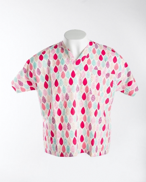 Summer Leaves Red Short Sleeve Scrub Top 100% Cotton