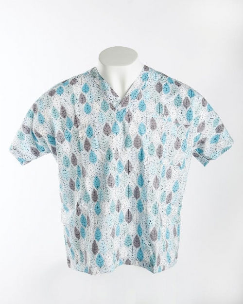 Summer Leaves Blue Short Sleeve Scrub Top 100% Cotton