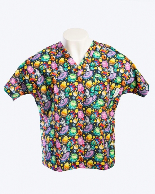  Monsters And Starships Short Sleeve Scrub Top 100% Cotton