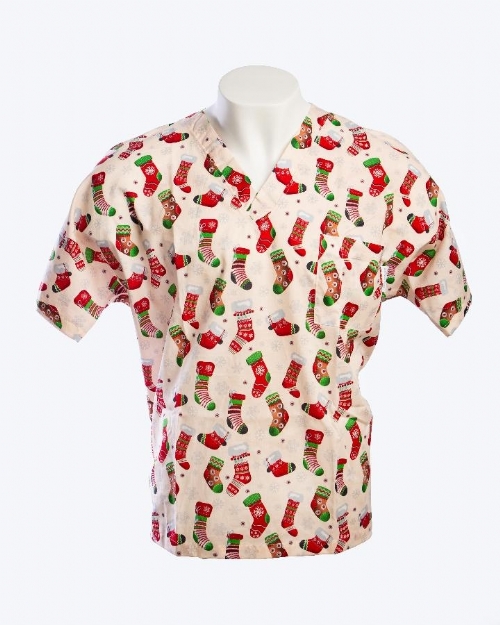  Christmas Stocking Short Sleeve Scrub Top 100% Cotton