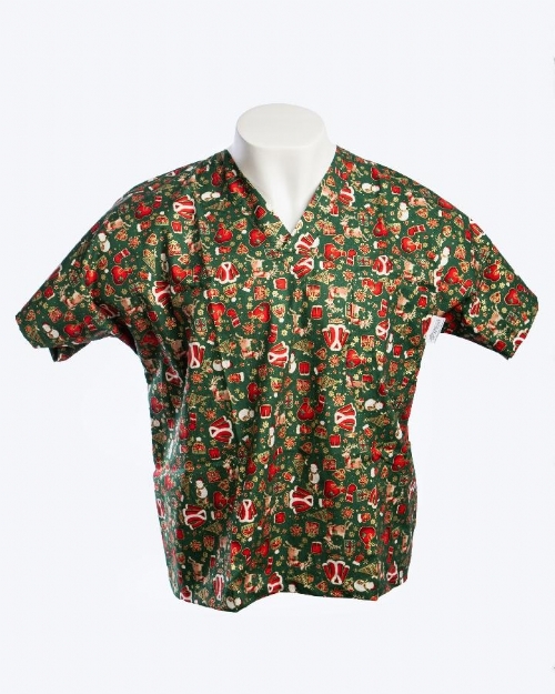  Reindeer And Snowman Short Sleeve Scrub Top 100% Cotton