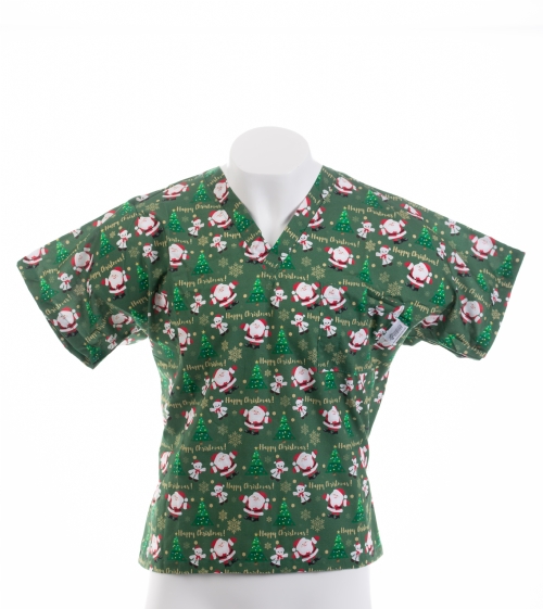   Father Christmas And The Tree Short Sleeve Scrub Top 100% Cotton