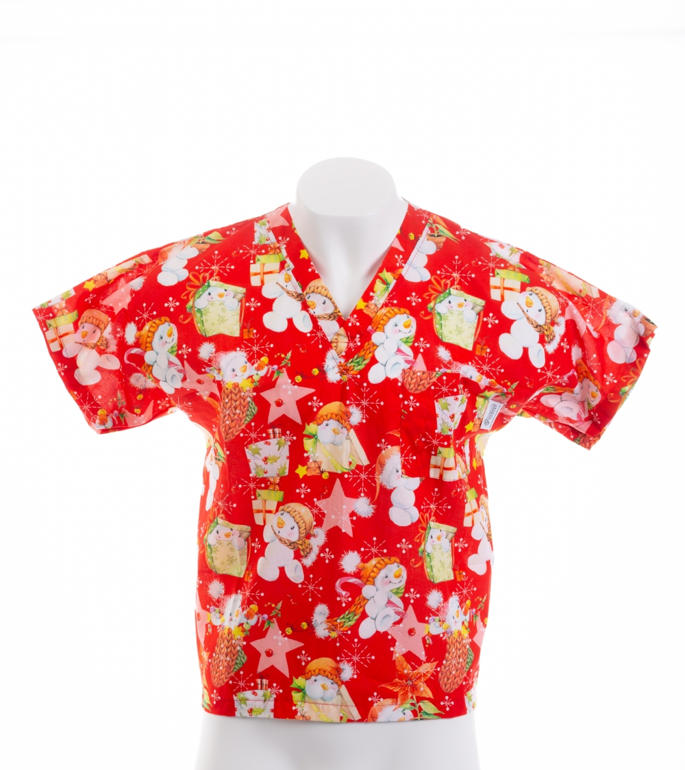 Red Snowman And The Star Short Sleeve Scrub Top 100% Cotton