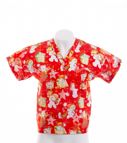  Red Snowman And The Star Short Sleeve Scrub Top 100% Cotton