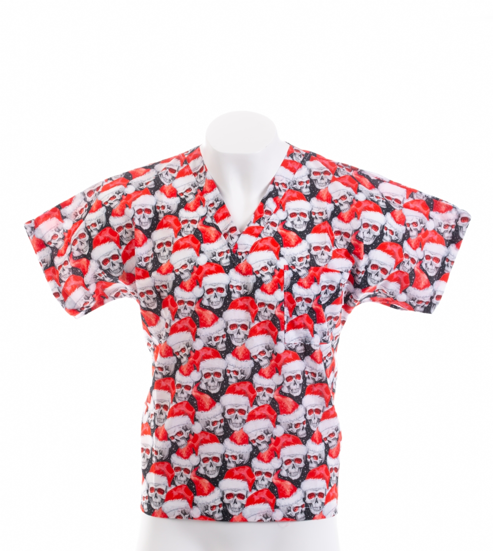 Scary Skulls Father Christmas Short Sleeve Scrub Top 100% Cotton