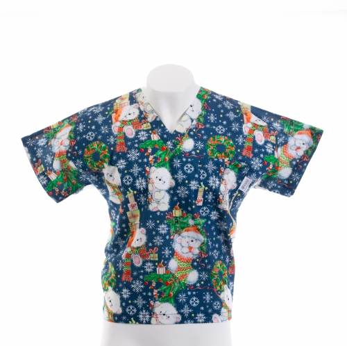  Teddy In The Christmas Stocking Short Sleeve Scrub Top 100% Cotton