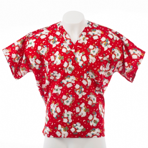 Red Christmas Bear Short Sleeve Scrub Top 100% Cotton