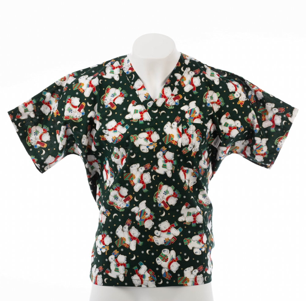 Bottle Green Christmas Bear Short Sleeve Scrub Top 100% Cotton
