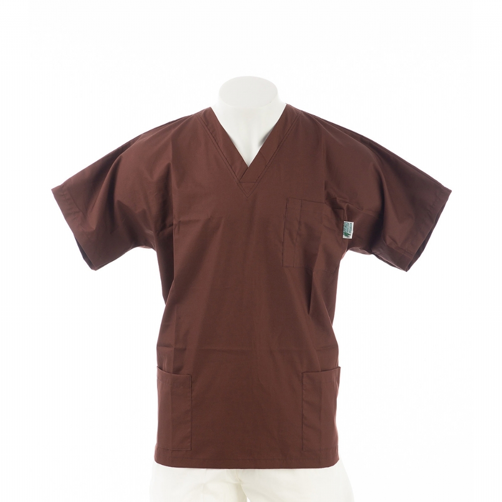 Brown Short Sleeve Scrub Top with Side Pockets 100% Cotton