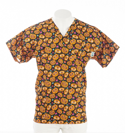 Halloween Happy Pumpkins Short Sleeve Scrub Top 100% Cotton