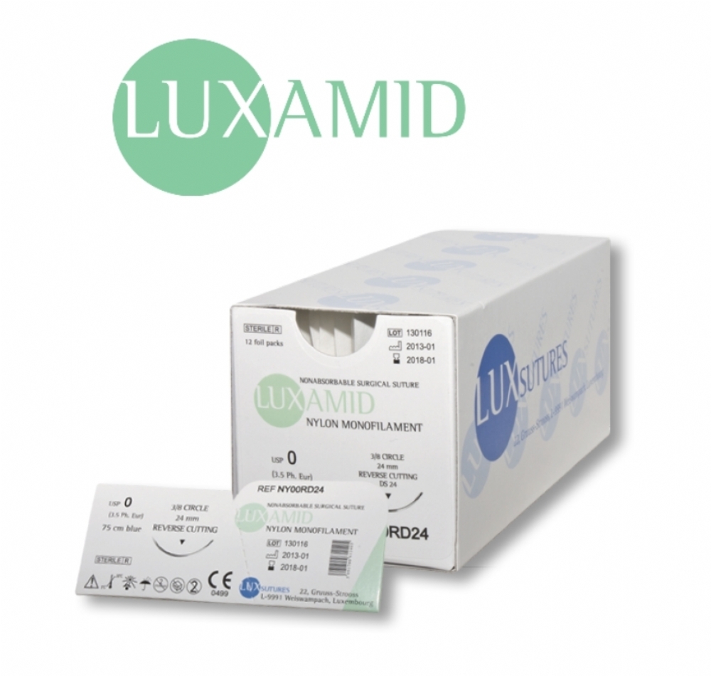 LUXAMID Nylon Non-Absorbable Monofilament Surgical Suture – USP 3/0 – 75 cm – Blue – DS 16 (16 mm) Cutting Needle (Box of 12)
