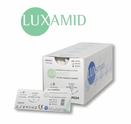 LUXAMID Nylon Non-Absorbable Monofilament Surgical Suture – USP 4/0 – 75 cm – Blue – DS 12 (12 mm) Cutting Needle (Box of 12)