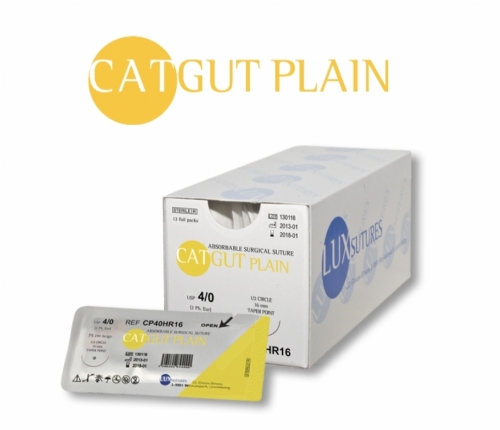 LuxSutures Catgut Plain Absorbable Surgical Suture – USP 5/0 – 75 cm – Beige – DS 16 (16 mm) Reverse Cutting Needle (Box of 12)