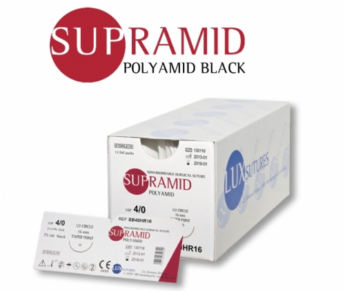LUXSUTURES® SUPRAMID® BLACK POLYAMIDE NON-ABSORBABLE MULTIFILAMENT SURGICAL SUTURE – USP 5/0 – 75 CM – DS 16 PREMIUM TAPERCUT NEEDLE – BLACK (BOX OF 12)