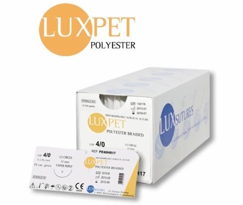 LuxSutures Luxpet® Polyester Braided Non-Absorbable Surgical Suture – USP 5/0 – 75 cm – Green – DS 16 mm 3/8 Circle Reverse Cutting Needle (Box of 12)