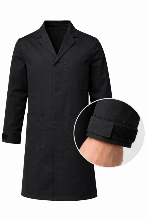 Autoclavable Lab Coat Velcro Cuffs - 100% Cotton Drill - Black